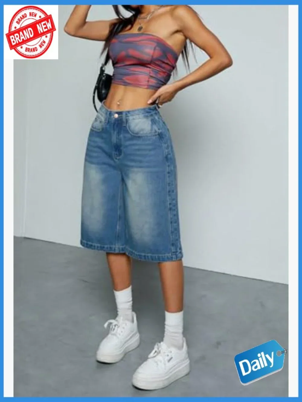 High Waisted Wide Leg Cropped Bermuda Jean Shorts Baggy Denim Jorts Y2k Capris
